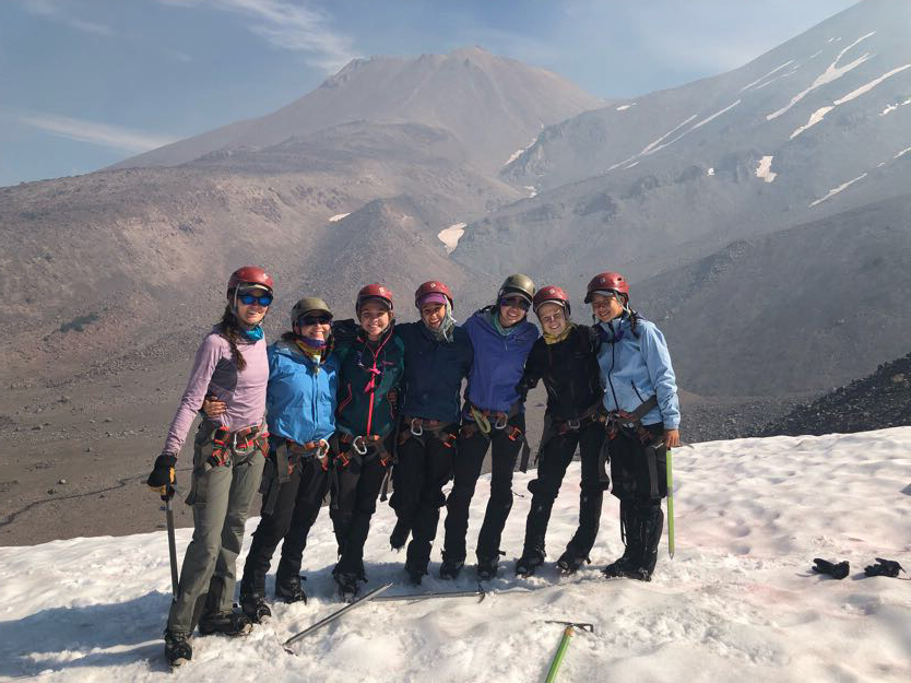 students hiking mt shasta mountain in snow