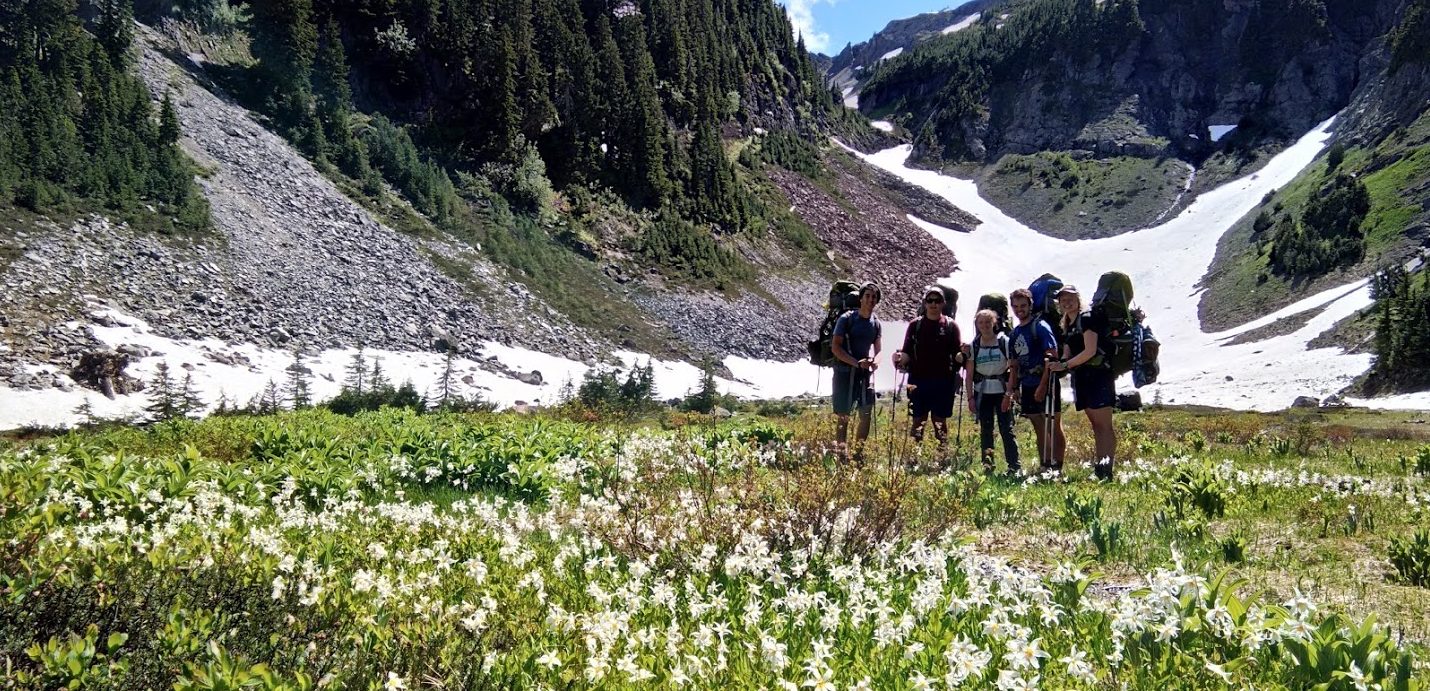 teenagers hiking in goat rocks wilderness washington in wildflower fields